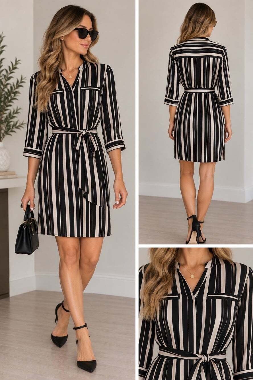 NWT LOFT Striped Tie Waist Shirt Dress Size 8 Black Cream